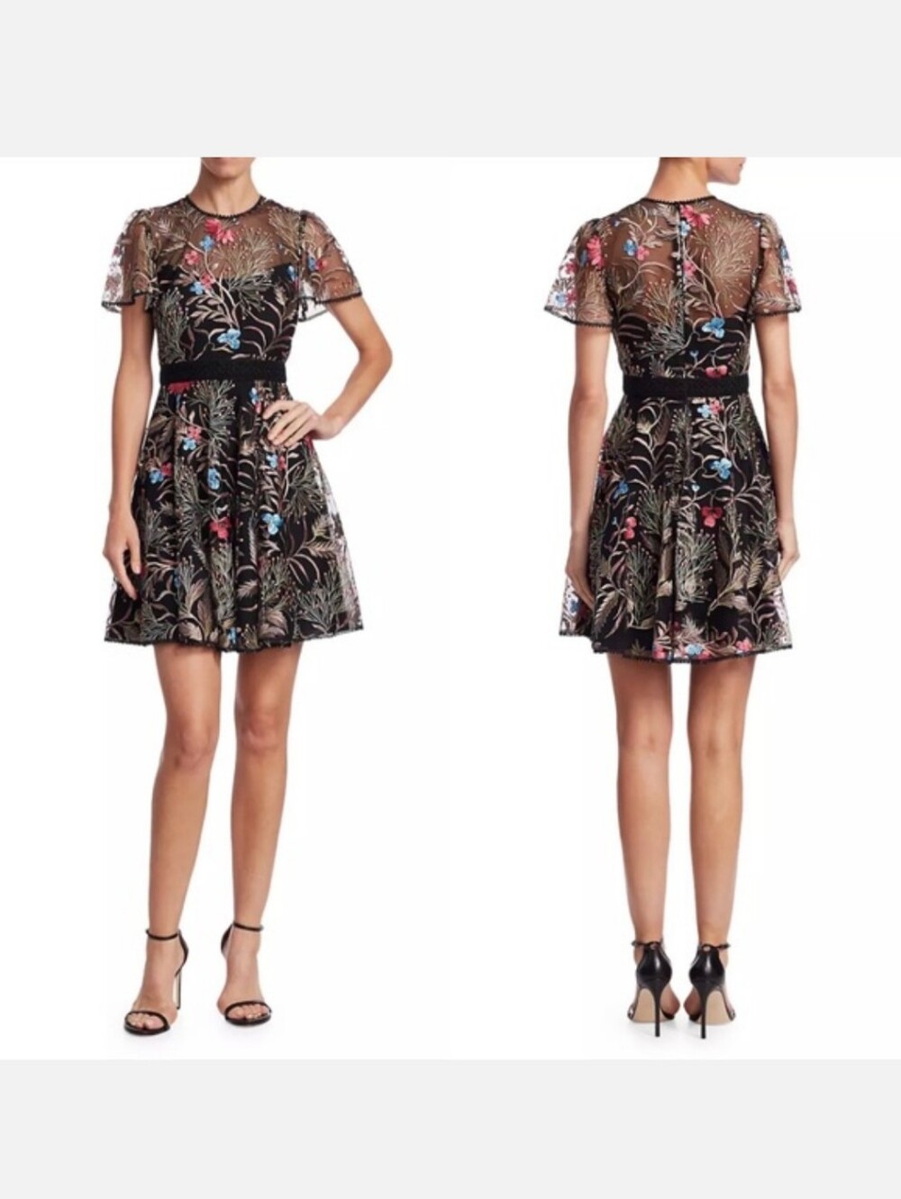 ML Monique Lhuillier Floral Embroidered Illusion Fit-&-Flare Dress